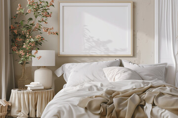 Mockup frame in cozy bedroom interior background 3d render