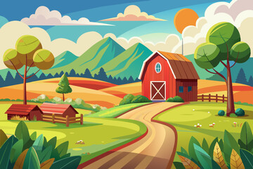 beautiful landscape illustration of rural life, barn house, field, tree, and mountains