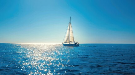 A sailboat on the open sea with a clear blue sky and sunlight in the background. white boat on blue...
