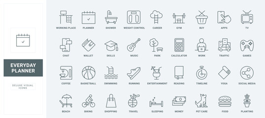 Planner for day in business or travel, food and shopping with mobile app, sport in gym and games, lifestyle planning thin black and red outline symbols, vector illustration. Daily life line icons set