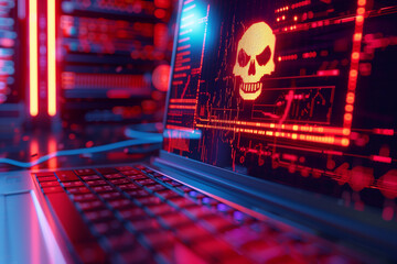 System hacked warning alert on laptop computer. Cyber attack on computer network virus spyware malware or malicious software. Cyber security and cybercrime concept. System security technology