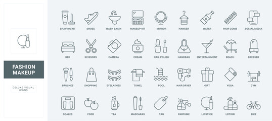 Food and tea, sport and hygiene, skincare for health. Modern life thin black and red outline symbols, social media and shopping vector illustration. Beauty, fashion makeup and lifestyle line icons set