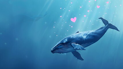 Valentines background of Blue whale swimming in ocean with lovely heart shape flying in the air 