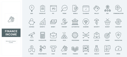 Business communication and bills, profit graph growth and interest, piggy bank for budget thin black and red symbols vector illustration. Money income, investment and wealth growth line icons set