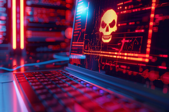 System hacked warning alert on laptop computer. Cyber attack on computer network virus spyware malware or malicious software. Cyber security and cybercrime concept. System security technology