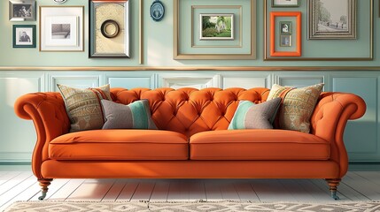 a cozy living room with an orange couch adorned with a variety of pillows, including gray, blue, and green ones the couch is placed on a wood floor and is surrounded by a