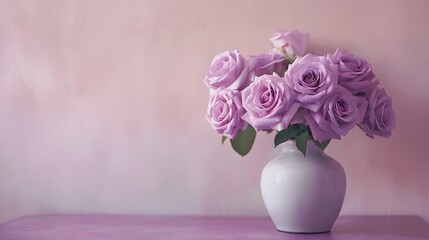 A serene display of lavender roses in a white vase against a soft pink backdrop