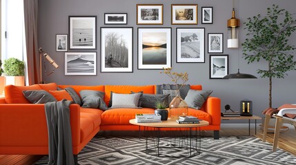 a cozy living room with an orange couch adorned with gray pillows and a black vase on a round table the room is adorned with a white and gray wall, a small green tree,