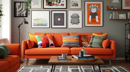 a cozy living room with an orange couch adorned with colorful pillows, a wood table, and a black lamp the room features a white and gray wall, a wood floor, and a
