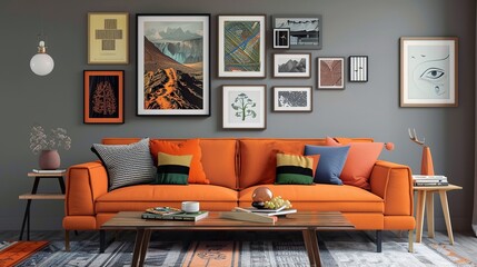 a cozy living room with an orange couch adorned with a variety of pillows, including gray, blue, green, and orange the room features a gray wall and a wood table with a