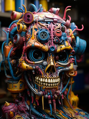 Fototapeta premium A striking piece of art featuring a vibrant skull crafted from an assortment of buttons and wires, epitomizing creativity and innovation