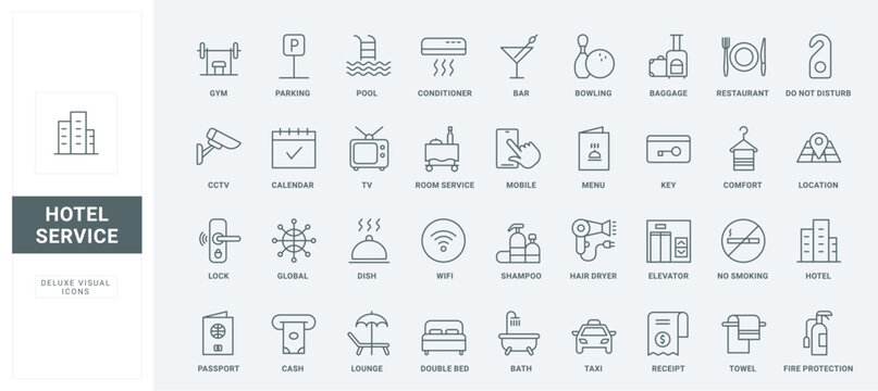 Comfort room and bed of resort and hostel, reception information and key, taxi and swimming pool thin black and red outline symbols, vector illustration. Hotel service, hospitality line icons set