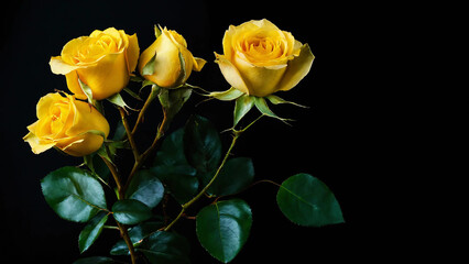 Yellow roses on a black background, studio light 16:9 with copyspace