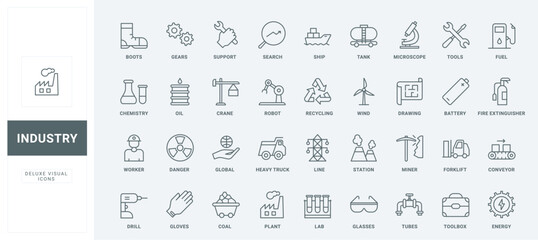 Outline symbols of worker safety equipment and tools from maintenance toolbox, truck, tank and ship delivery. Industry, labor inspection thin black and red line icons set vector illustration