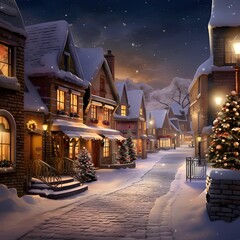 Night winter street with houses, trees and snowflakes. Digital painting.