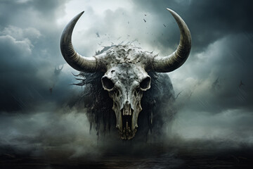 Naklejka premium A bulls skull with horns is displayed prominently against a dramatic cloudy sky, symbolizing strength, resilience, and possibly extinction