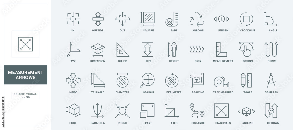 Poster size arrows to measure room area and distance, length and width, height or diameter, measuring instr
