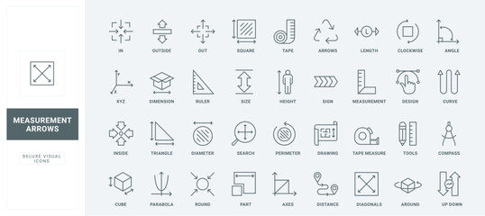 Size arrows to measure room area and distance, length and width, height or diameter, measuring instruments and tools thin black and red symbols vector illustration. Measurement line icons set
