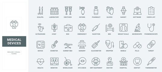Wheelchair and bed for patient, first aid kit and diagnostic laboratory software, microscope thin black and red symbols vector illustration. Medical devices and hospital equipment line icons set
