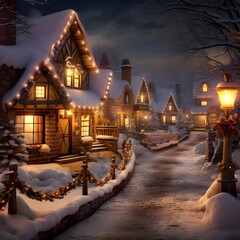 Winter night in the village. Winter in the village. Christmas background.
