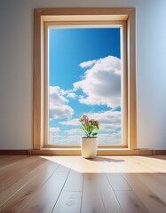 Minimalist-style room with wooden window frame casting soft daylight onto the floor, showcasing a backdrop of blue sky and clouds