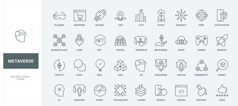 Futuristic simulation on interactive hologram, crypto security and AR glasses thin black and red symbols vector illustration. Metaverse, future world experience in virtual reality line icons set