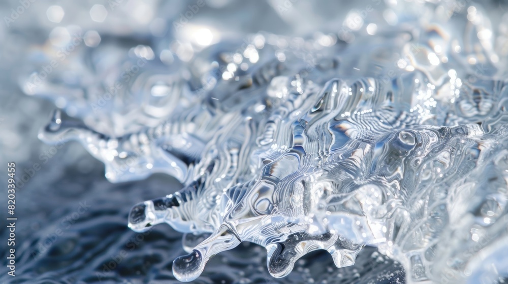 Poster a closeup shot of a block of ice melting with gravity waves creating intricate patterns in its melte