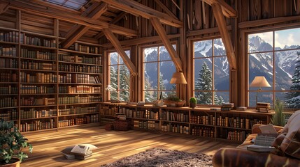 Fototapeta premium a cozy living room with large windows overlooking a snow - covered mountain, featuring a brown chair, lamp, and potted plant on a hardwood floor