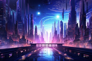 Obraz premium Futuristic cityscape with blue and pink hues
