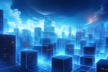 Futuristic cityscape with glowing blue cubes