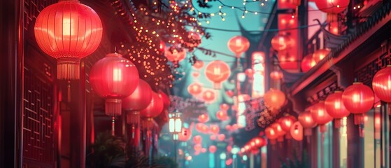 Happy Chinese New Year! Traditional red lanterns hang in celebration, against a blurred night street background with copy space.