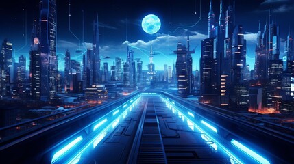 Futuristic digital landscape with neon pathways