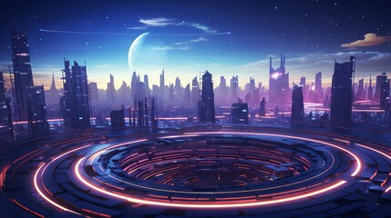 Futuristic digital landscape with neon pathways