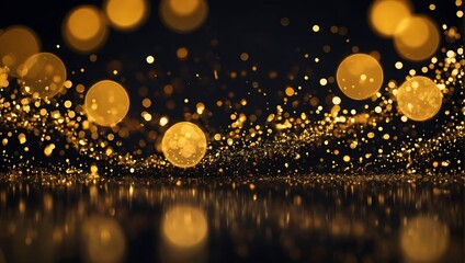 Abstract blur bokeh banner background. Gold bokeh on defocused glossy black background. AI Generative.