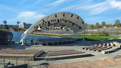 View of amphitheater performance venue Dos Lagos in Corona California