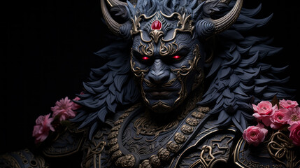 The sculpture depicts a demonic figure adorned with horns and fiery red eyes, embodying a supernatural presence. It exudes a sense of darkness and mystery