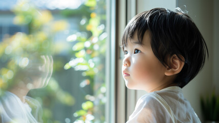 窓から雨が降る外を見る子供達