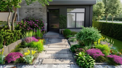 flowers in front of a house,Design a garden next to the house