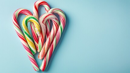 Colorful candy canes heart shape on light blue background for festive holiday treat - Powered by Adobe