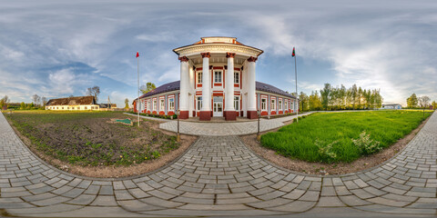 seamless spherical 360 hdri panorama near old historic palace with columns or homestead in...
