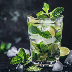 mojito cocktail: ice, lime, mint