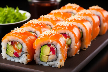 A beautifully arranged plate of sushi featuring fresh salmon, avocado, and sesame seeds, placed on a table. This dish showcases a perfect blend of flavors and textures