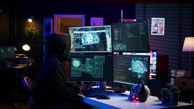 Hacker running artificial intelligence spyware software designed to gather information from users computers without their knowledge. Scammer commits fraud using AI, camera B