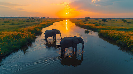 Sunset Savanna Elephant Gathering: A Spectacular Drone Capture