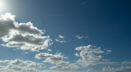 Cloud on blue sky with copy space. Pastel soft fluffy clouds with empty space for banner. Paradise...