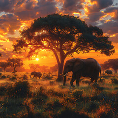 African Elephant Herd in Savanna during Sunset - Brown and Green Tones