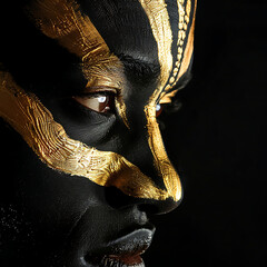Gold face paint on an african model against a black background