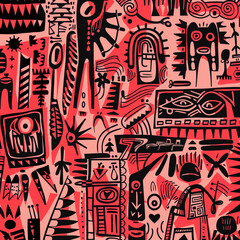 A vibrant, tribal-inspired abstract pattern in red and black. The intricate details evoke a sense of ancient art forms. High-contrast, digital artwork with a bold color scheme.