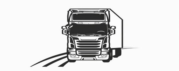 Minimalist illustration of a semi-truck in black and white with a sun icon.