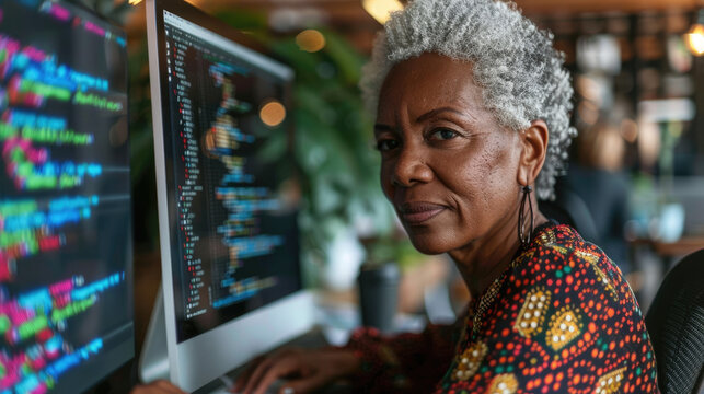 Mature woman reviewing code on a desktop computer with a focused expression